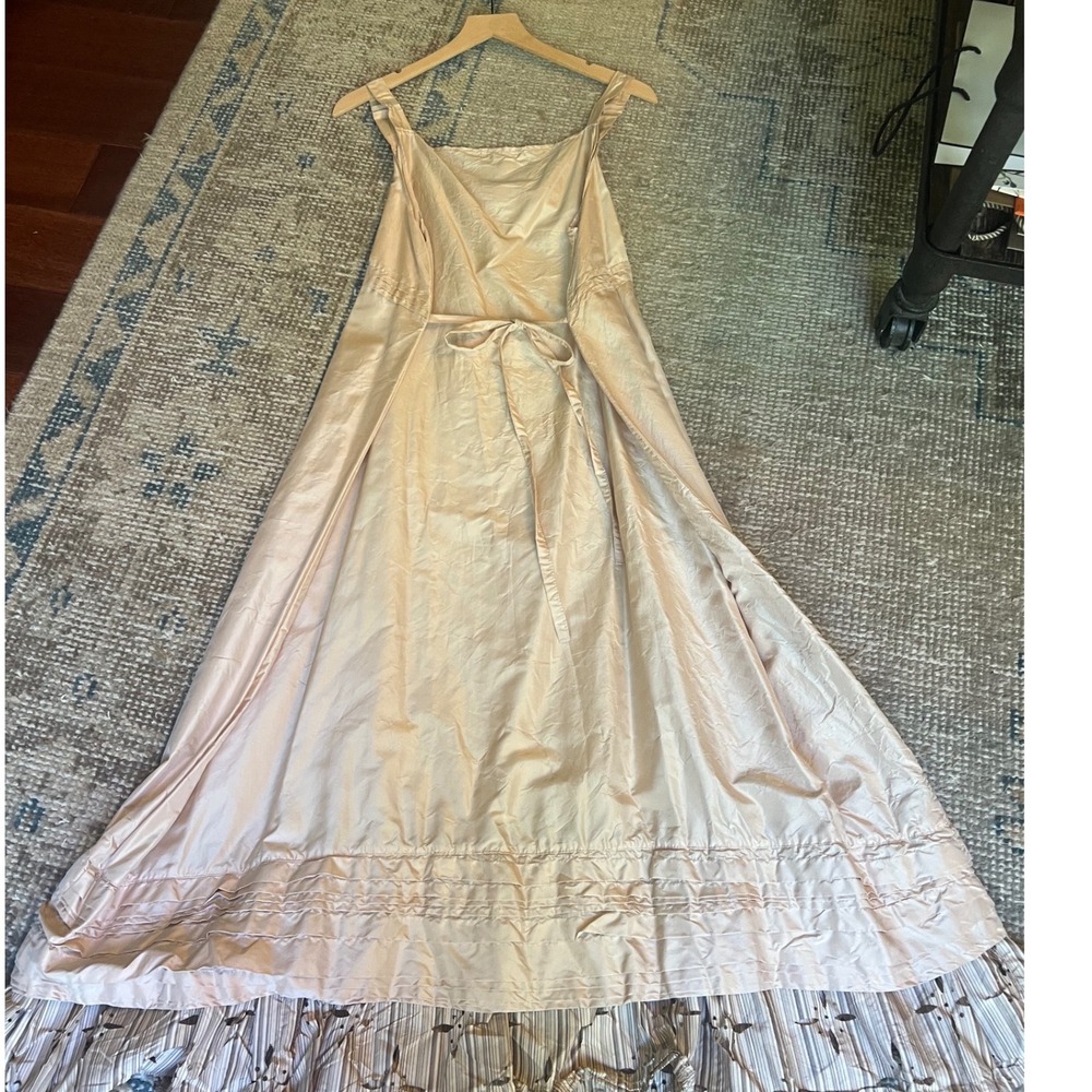 Krista Larson Pink Champagne Maxi Dress Silk S Ruffle Hem Pintuck Sleeveless